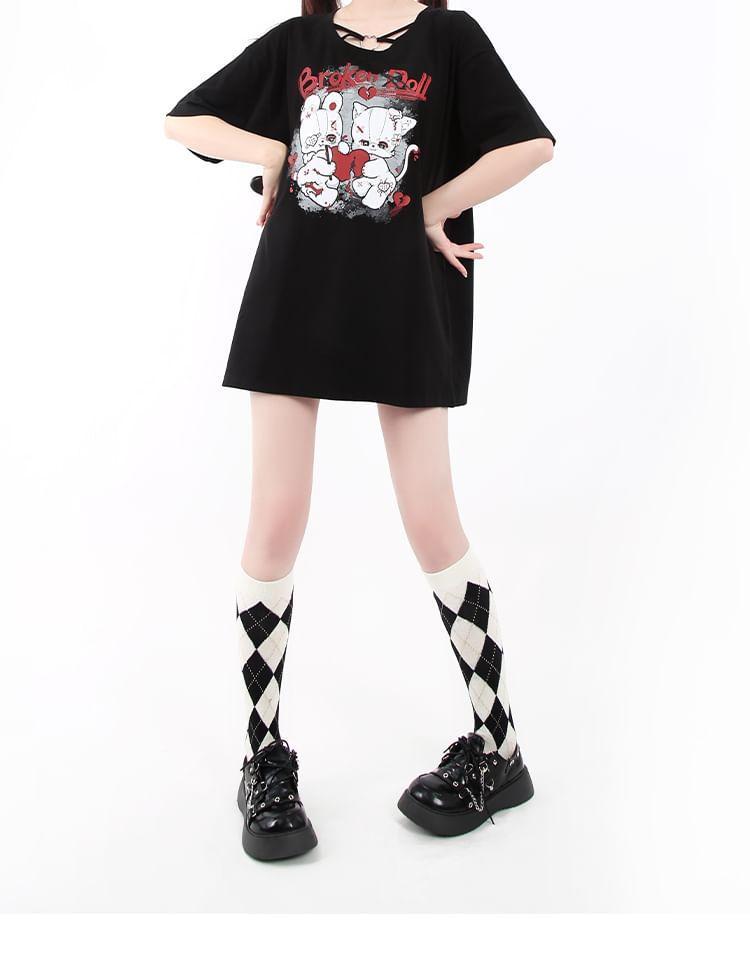 Elbow-Sleeve Round Neck Cartoon Print Oversized Tee Product Image