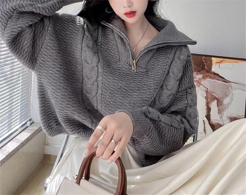 Turtleneck Half Zip Plain Cable Knit Sweater Product Image