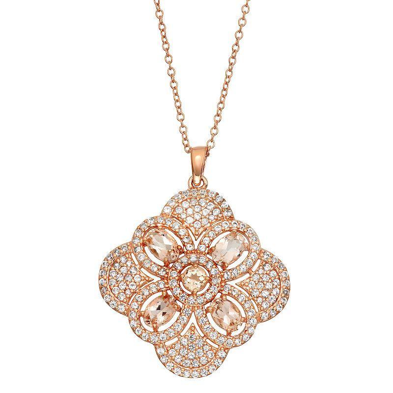 14k Rose Gold Over Sterling Silver Morganite & Lab-Created White Sapphire Flower Pendant Necklace, Womens Pink Tone Product Image