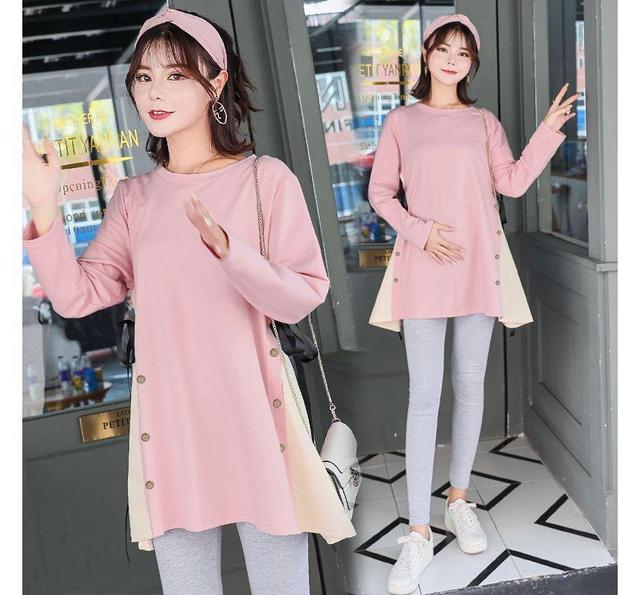 Maternity Long-Sleeve Round Neck Button Accent Two-Tone T-Shirt / Plain Leggings / Set Product Image