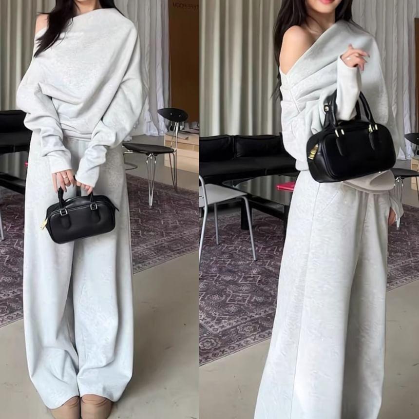 Off Shoulder Plain Oversized Sweatshirt / Mid Waist Plain Wide Leg Sweatpants Product Image