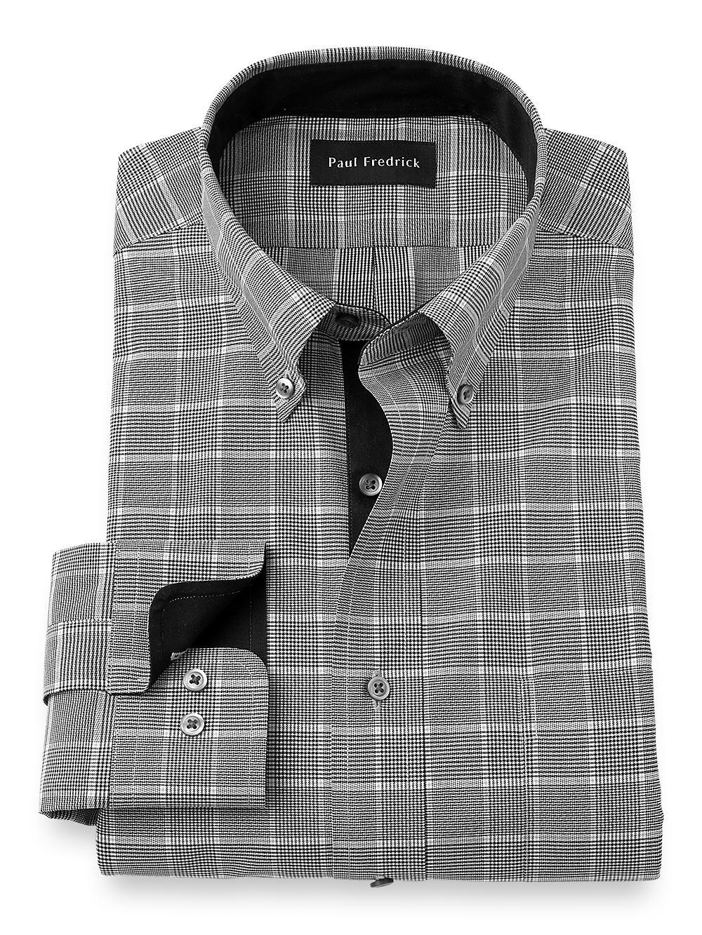 Non-Iron Cotton Glen Plaid Dress Shirt With Contrast Trim - Black/white Product Image