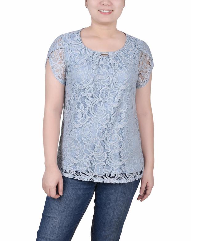 Ny Collection Petite Lace Petal Short Sleeve Top Product Image