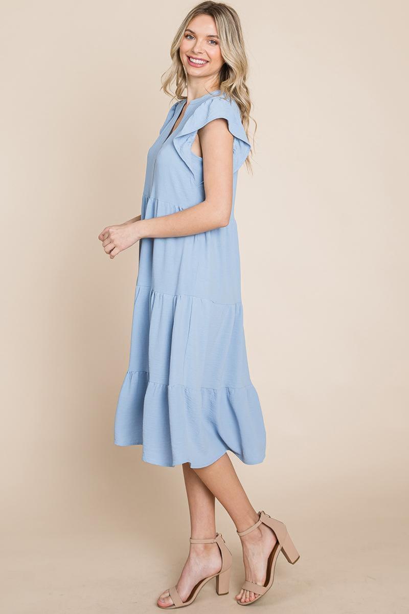 Ruffle Sleeve V Neck Tiered Midi Dress Product Image