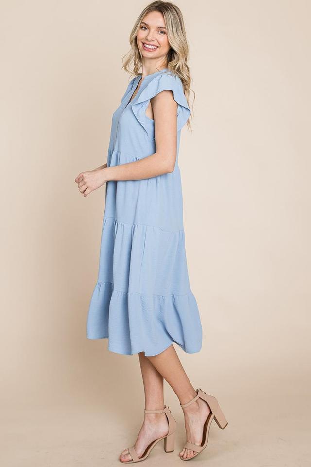 Ruffle Sleeve V Neck Tiered Midi Dress Product Image