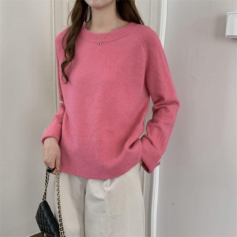 Long-Sleeve Crewneck Plain Knit Top Product Image