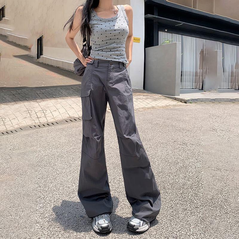 High Rise Plain Straight-Fit Boot-Cut Cargo Pants Product Image