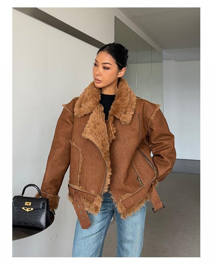 Collared Faux Shearling Zip Jacket Product Image