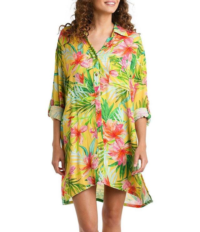 La Blanca Calypso Bloom Tropical Floral Button Front Camp Shirt Swim Cover-Up Product Image