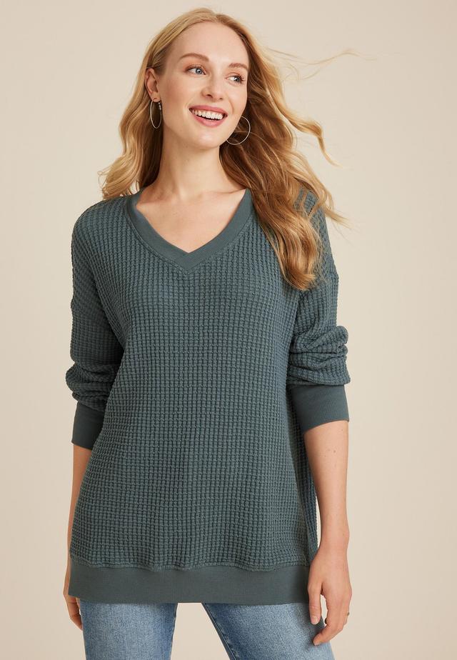 Waffle Knit V Neck Tunic Product Image