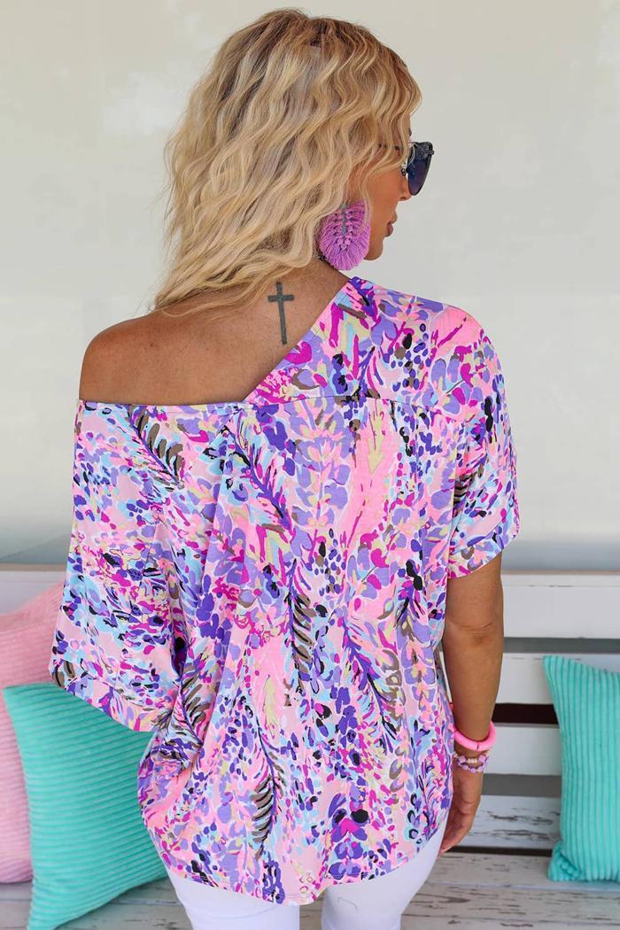 Pink Loose Painted Floral Tee for Women Female Product Image