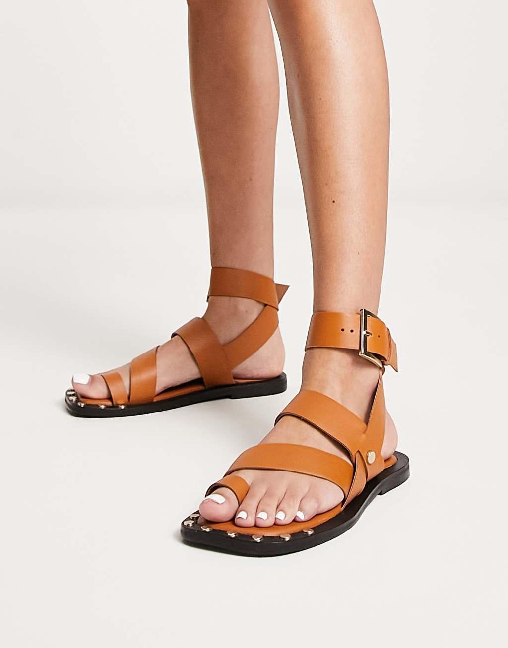 ASOS DESIGN Foxy leather studded toe loop flat sandal in tan Product Image