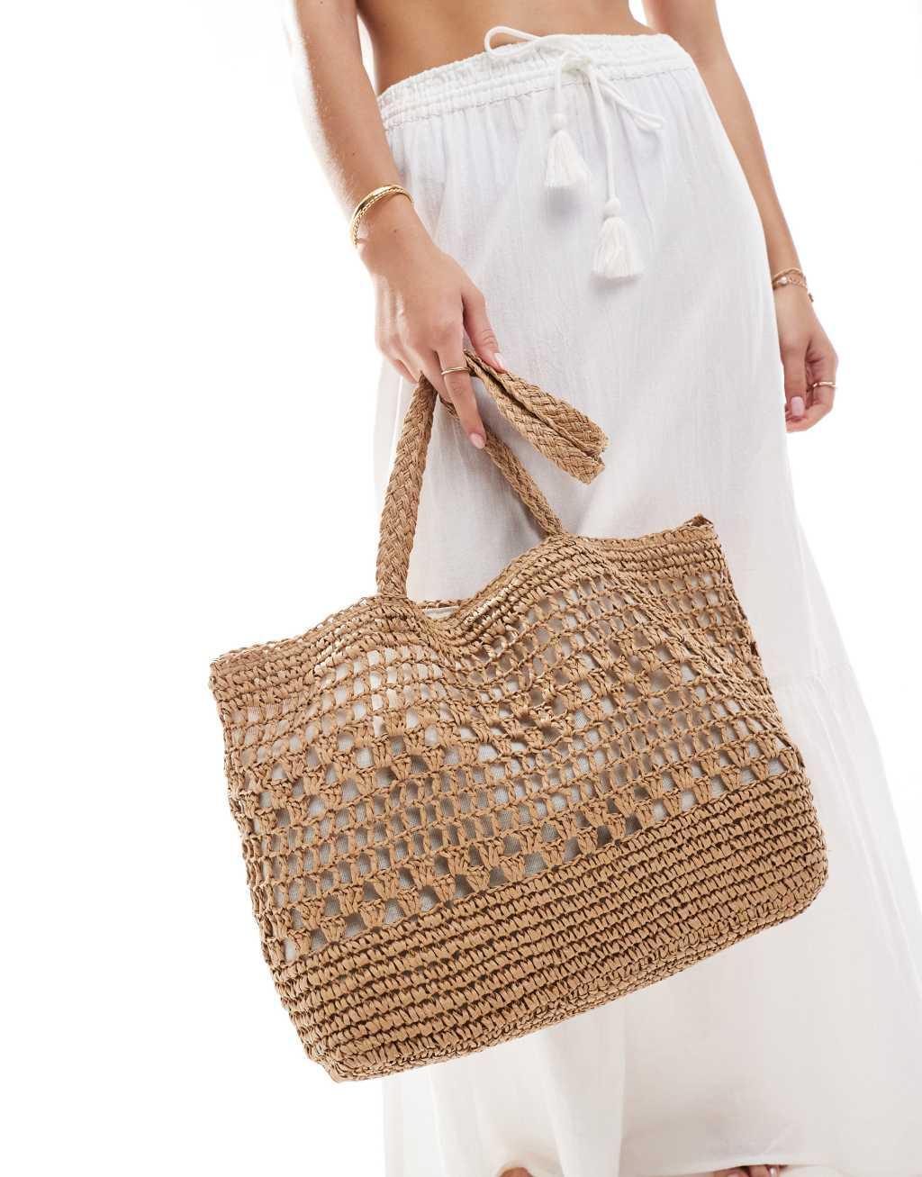 Pull&Bear raffia tote shopper bag in brown Product Image