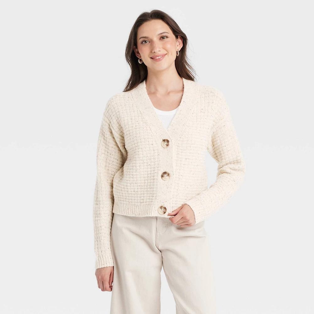 Womens Cozy Knit Button-Down Cardigan - Universal Thread Cream L Product Image