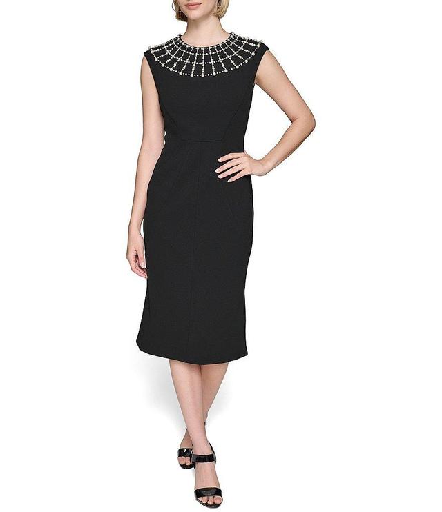 KARL LAGERFELD PARIS Scuba Crepe Round Neck Sleeveless Pearl Detail Sheath Dress Product Image