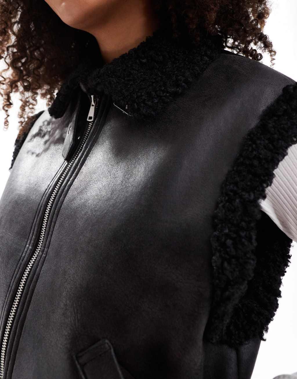 ASOS DESIGN shearling bomber vest in black Product Image