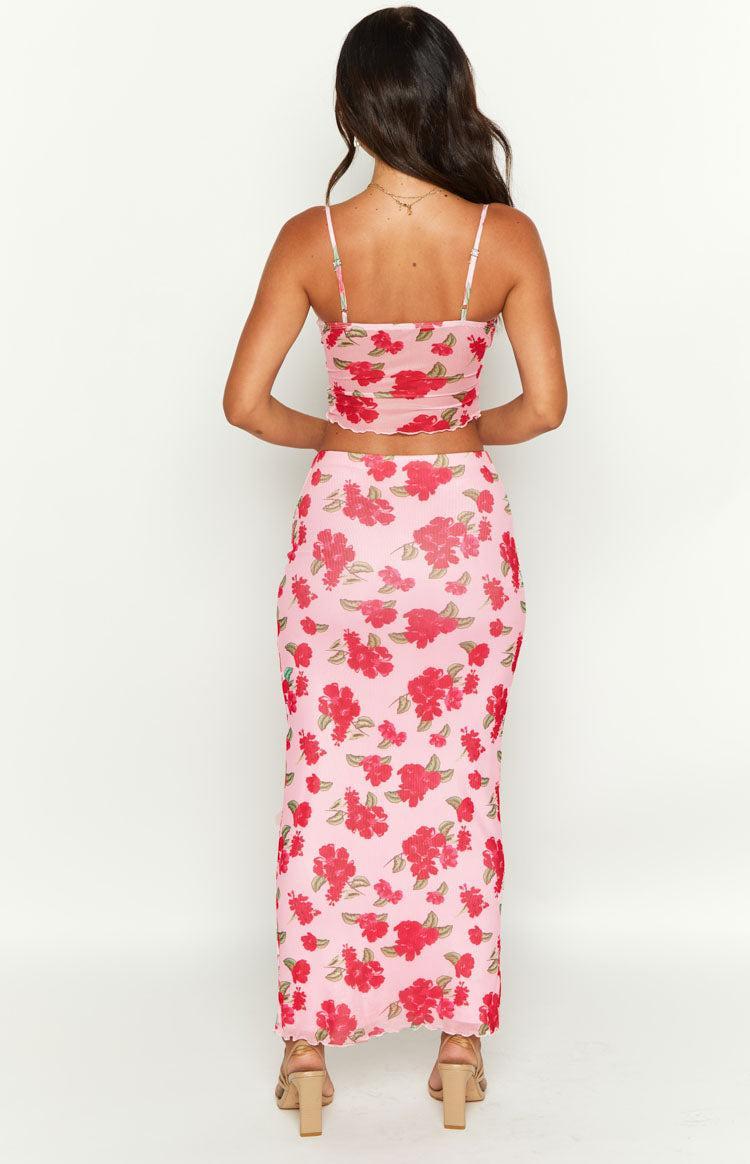 Emz Pink Floral Mesh Midi Skirt Product Image