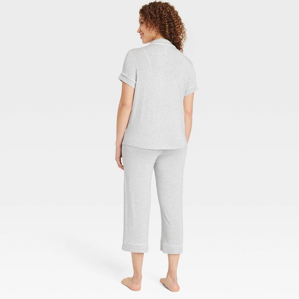 Women's Cloud Knit Short Sleeve Notch Collar Top and Cropped Pants Pajama Set - Auden™ Heathered Gray M Product Image