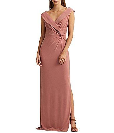 Lauren Ralph Lauren Stretch Jersey Cap Sleeve Twist Waist Sleeveless Gown Product Image