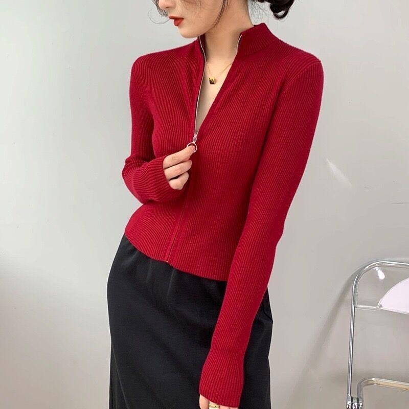 Long Sleeve Plain Ribbed-Knit Zip-Up Cardigan Product Image