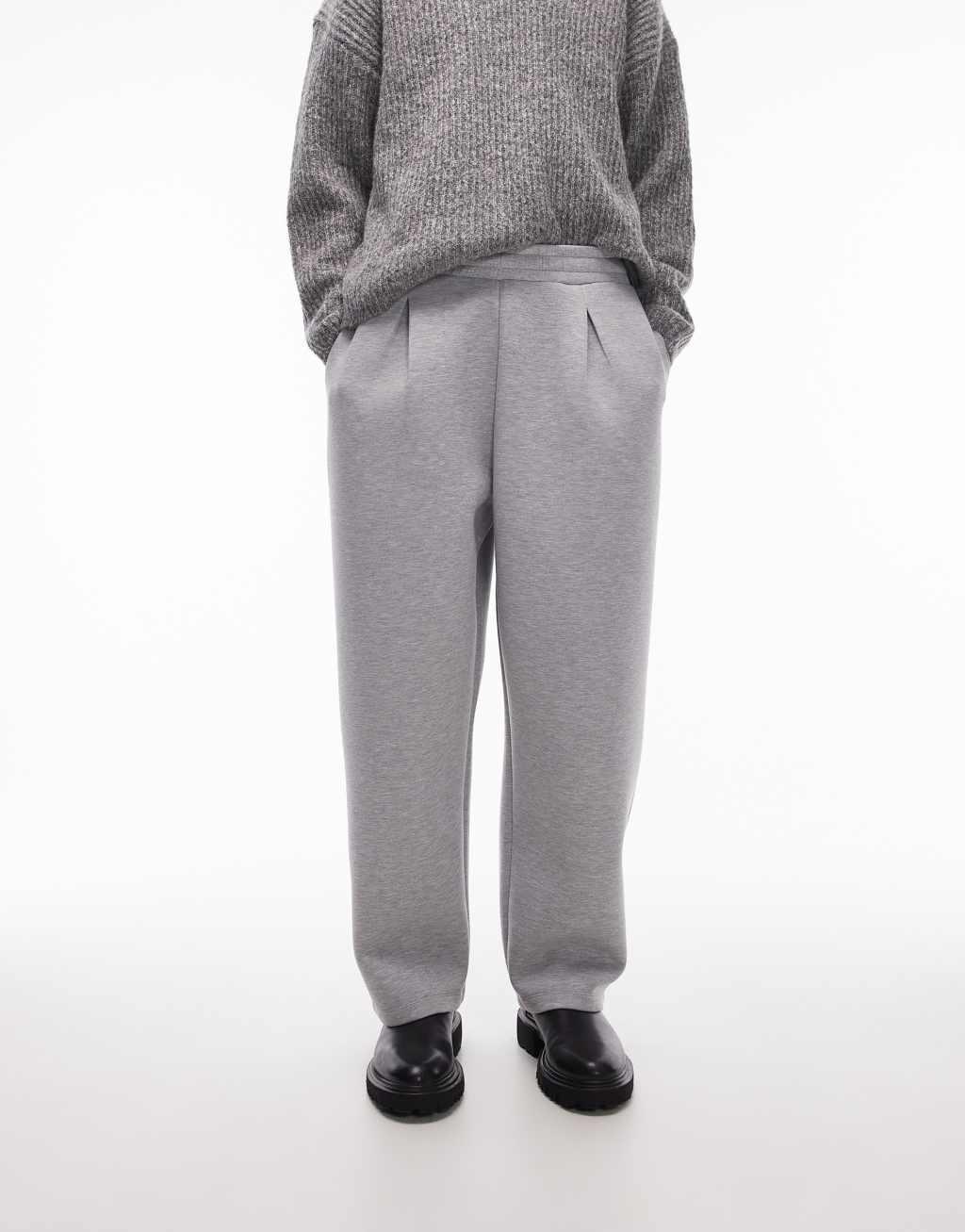 Topman straight leg pleat front heavyweight scuba sweatpants in heather gray Product Image