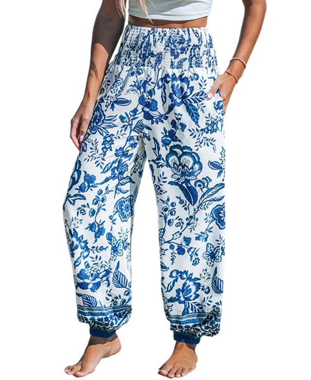 Cupshe Womens Blue Floral Smocked Waist Tapered Leg Pants - White Product Image