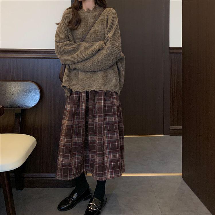 Long Sleeve Plain Distressed Loose-Fit Sweater / High Rise Plaid Midi A-Line Skirt Product Image