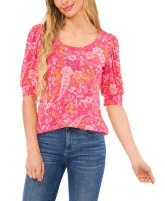 Women's Paisley Print Crewneck Shirred Sleeve Knit Top Product Image