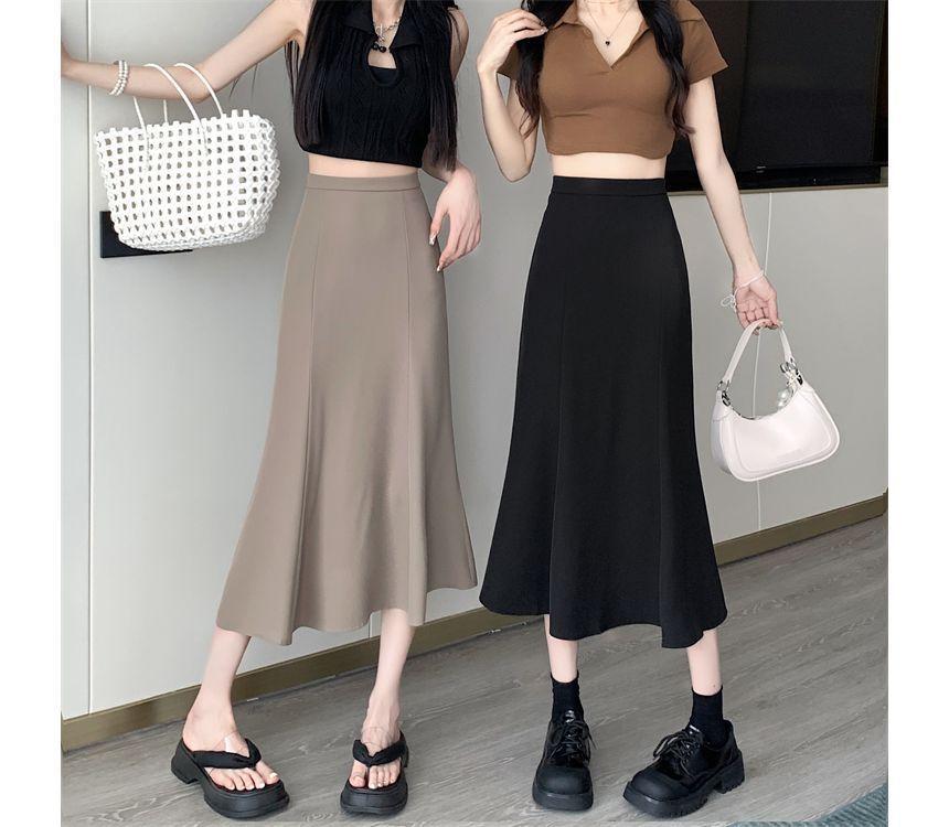 High Rise Plain Midi A-Line Skirt Product Image