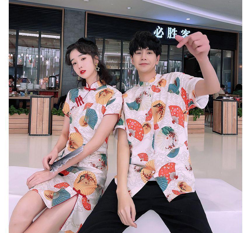 Couple Matching Short-Sleeve Fan Print Mini Qipao / Shirt / Plain Straight Leg Pants / Set Product Image