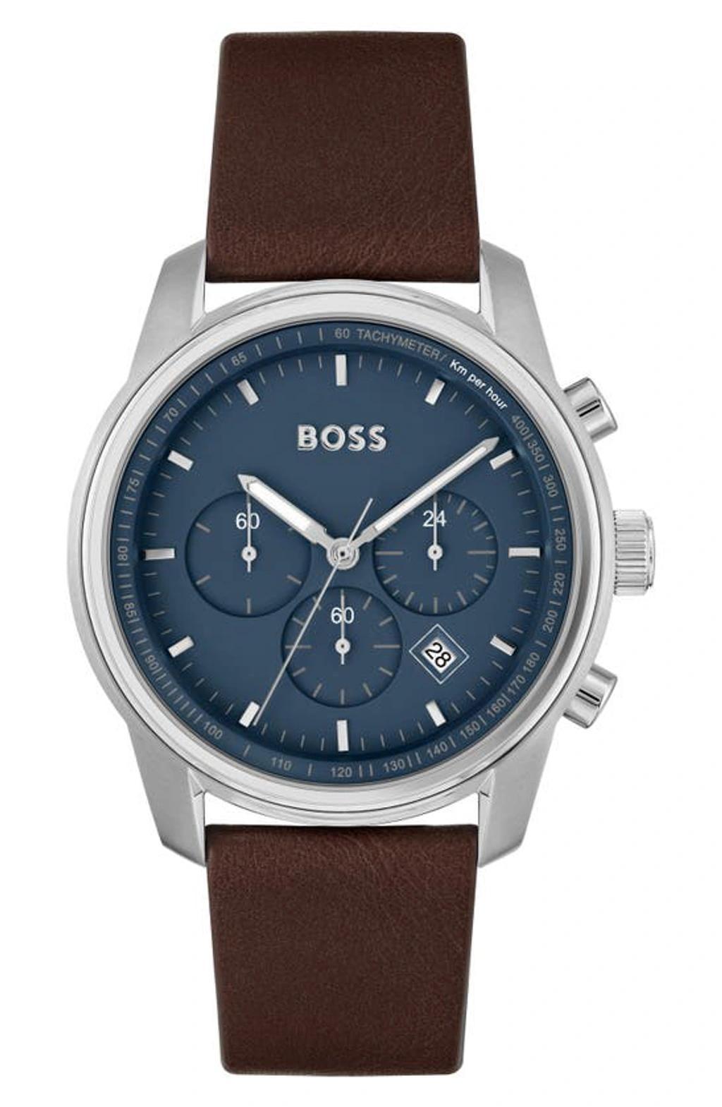 Blue-dial Chronograph Watch With Brown Leather Strap Men's Watches In Black Blue Product Image