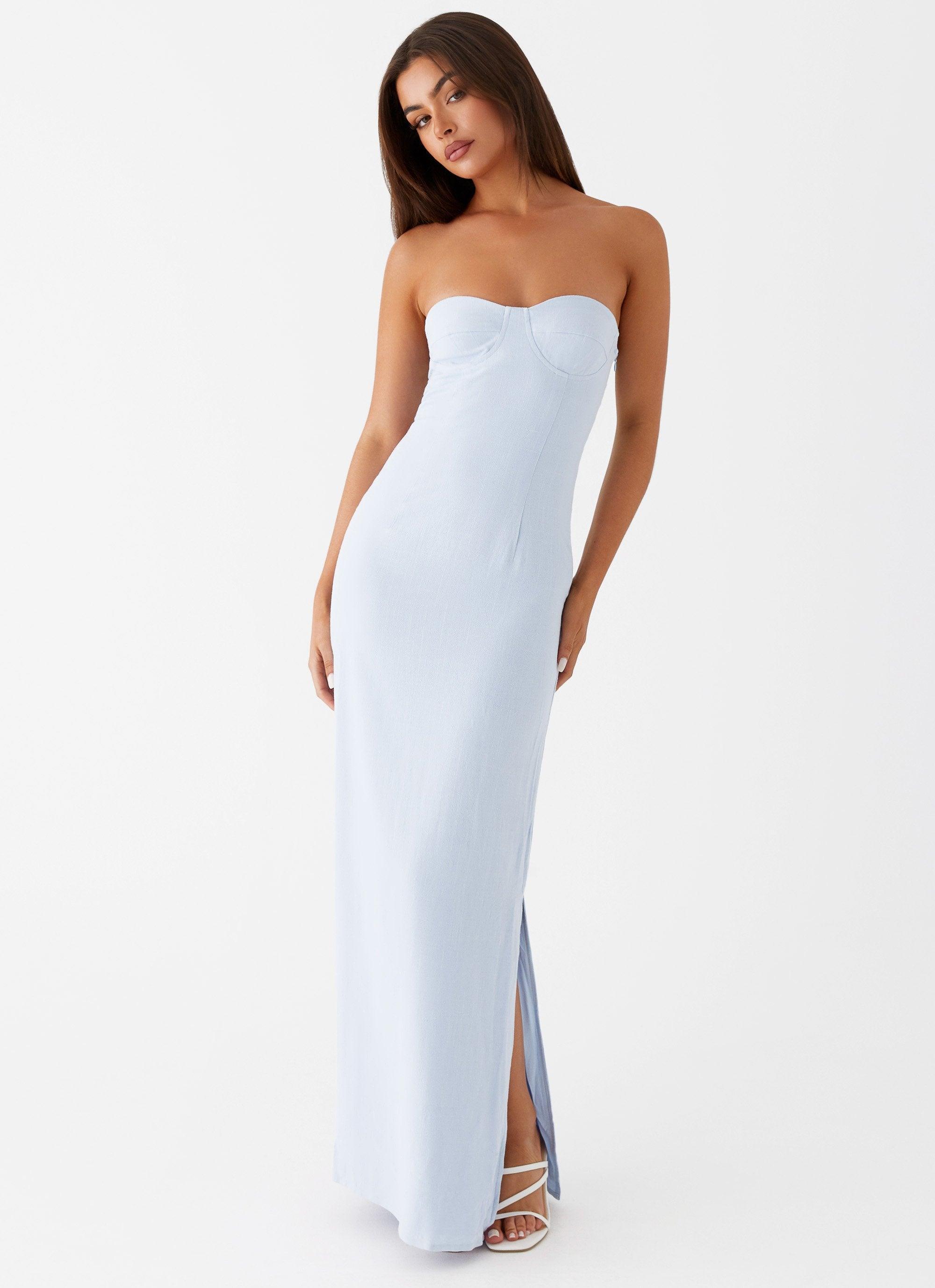 Esra Linen Strapless Maxi Dress - Blue Product Image