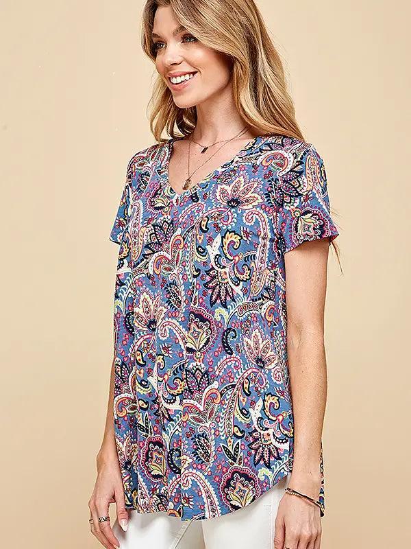 Blue Women Short Sleeve Paisley Top Female Product Image