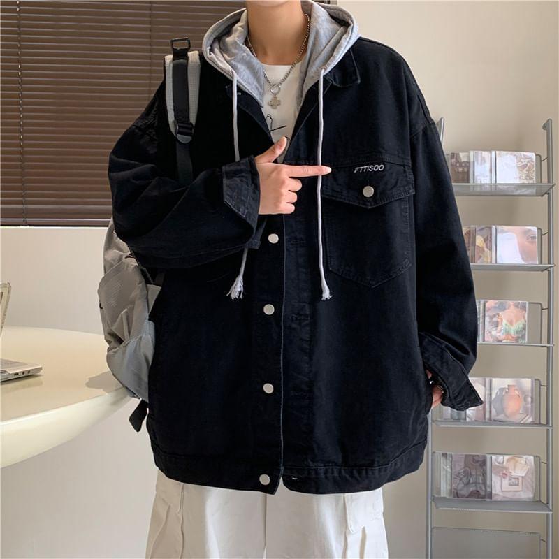 Hooded Washed Denim Button Up Jacket Product Image