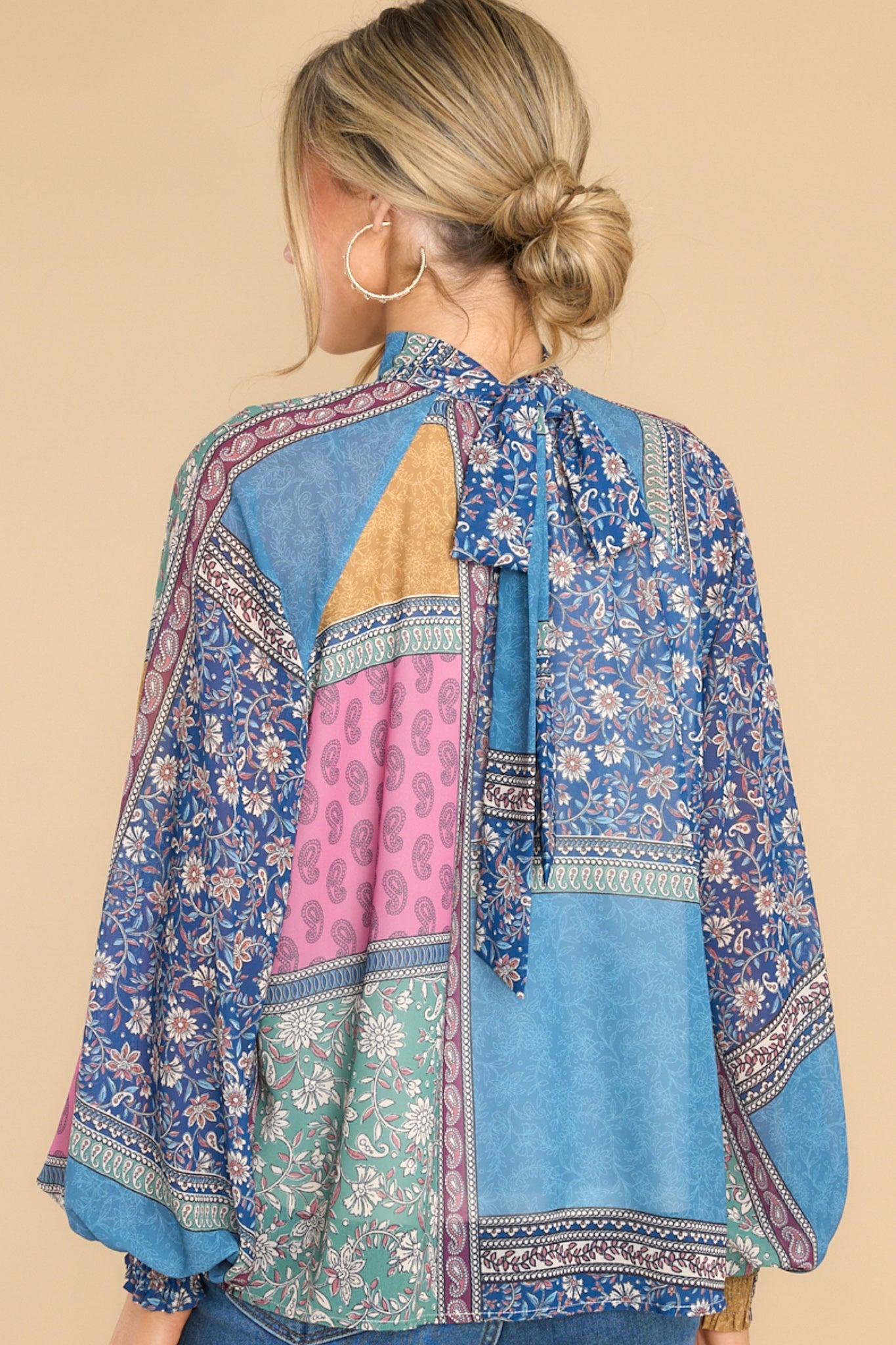 Aura Captivating Heart Dusty Blue Patchwork Print Top Product Image