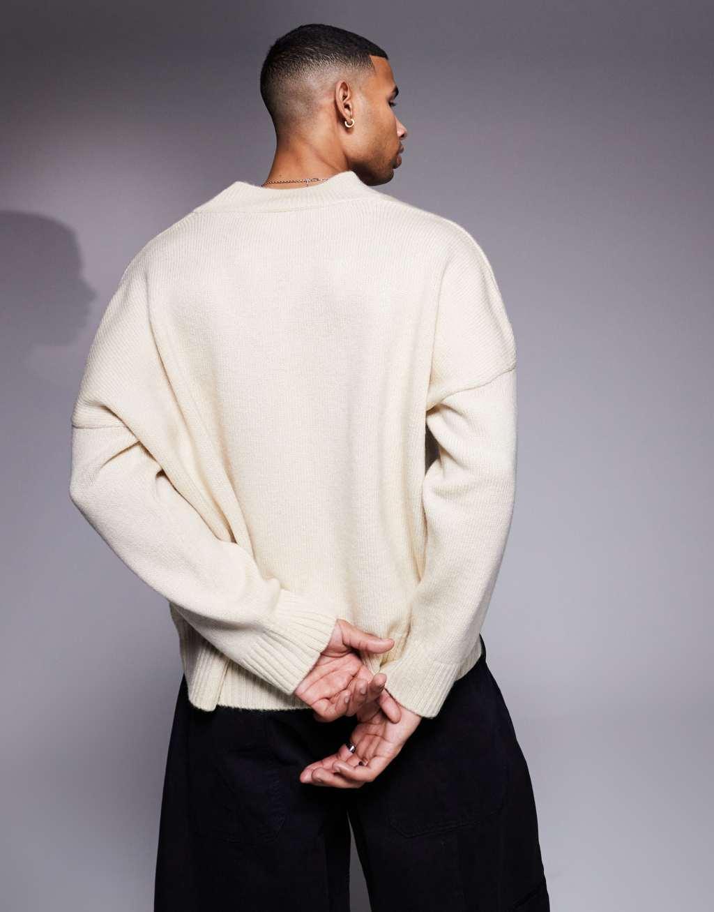 ASOS DESIGN super oversized boxy fit knitted v neck sweater in stone Product Image