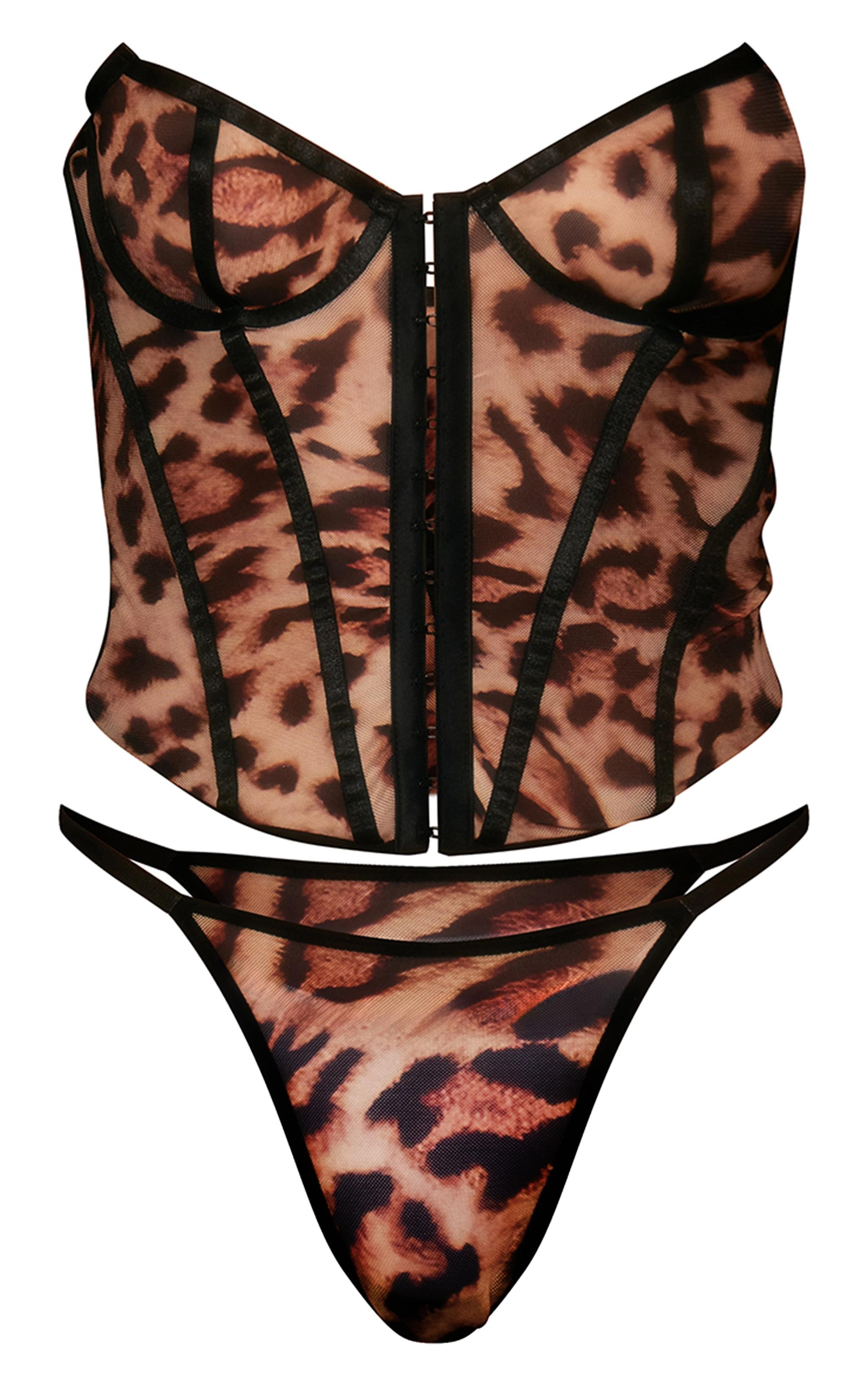 Brown Leopard Print Corset Lingerie Set Product Image