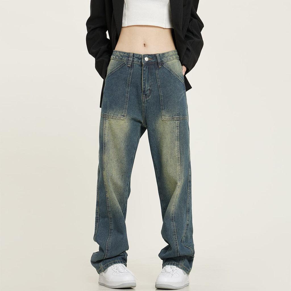 RTK (W) No. 1282 INDIGO BLUE RECONSTRUCTED STRAIGHT DRAPE DENIM JEANS Product Image