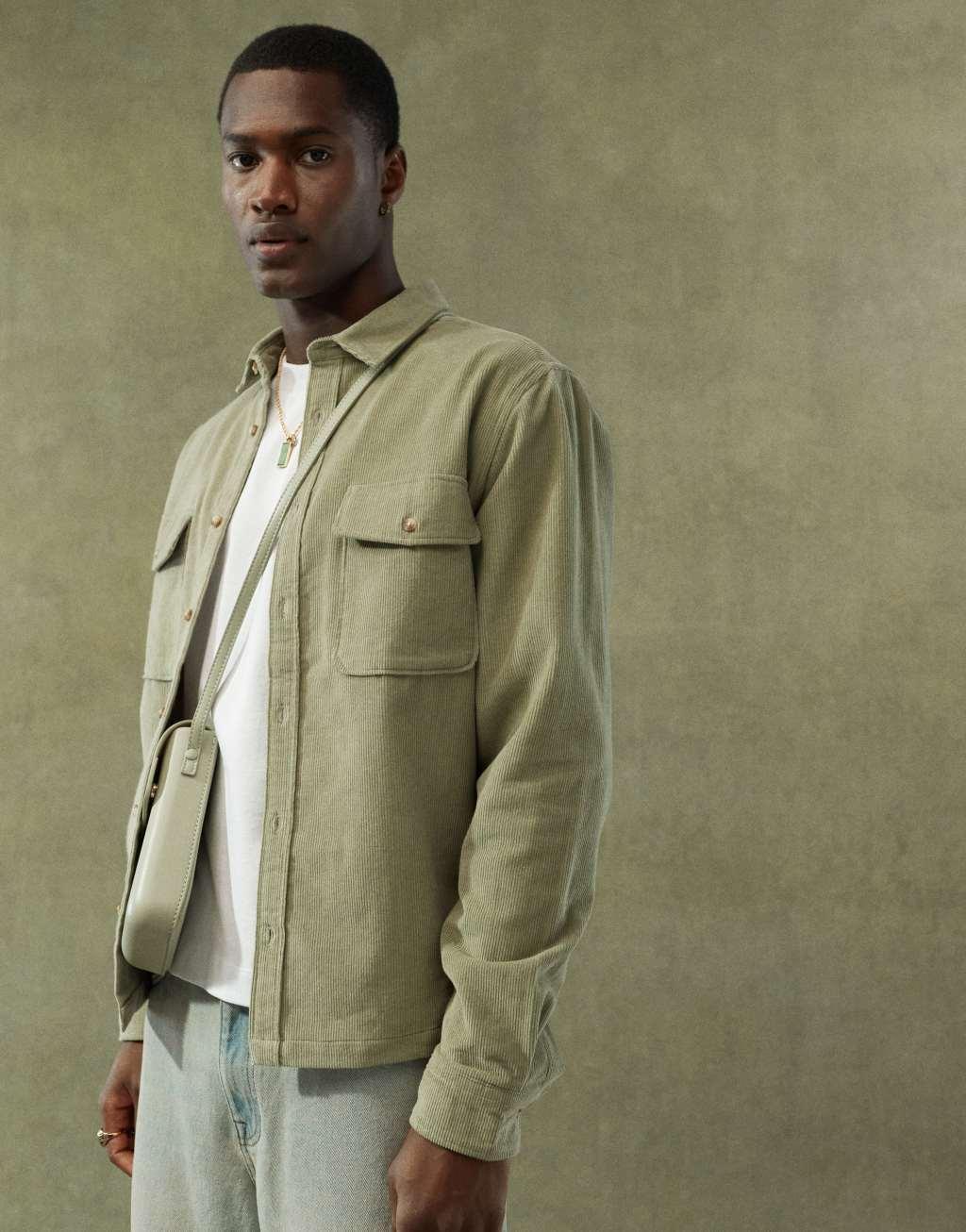 ASOS DESIGN cord overshirt in khaki Product Image