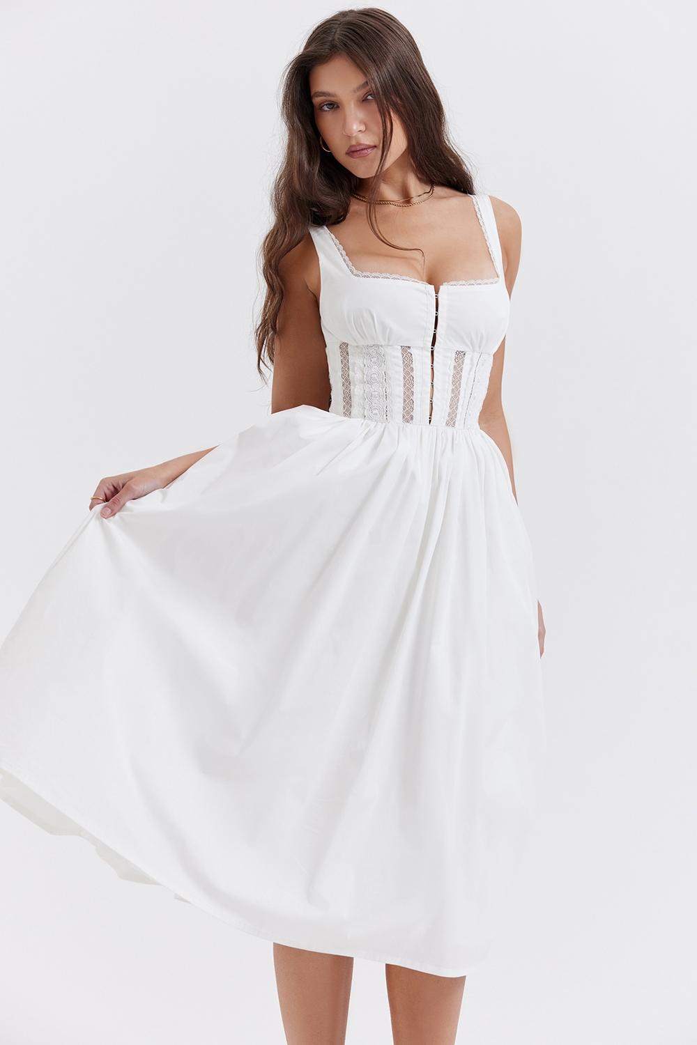 Perle White Lace Trim Midi Dress Product Image