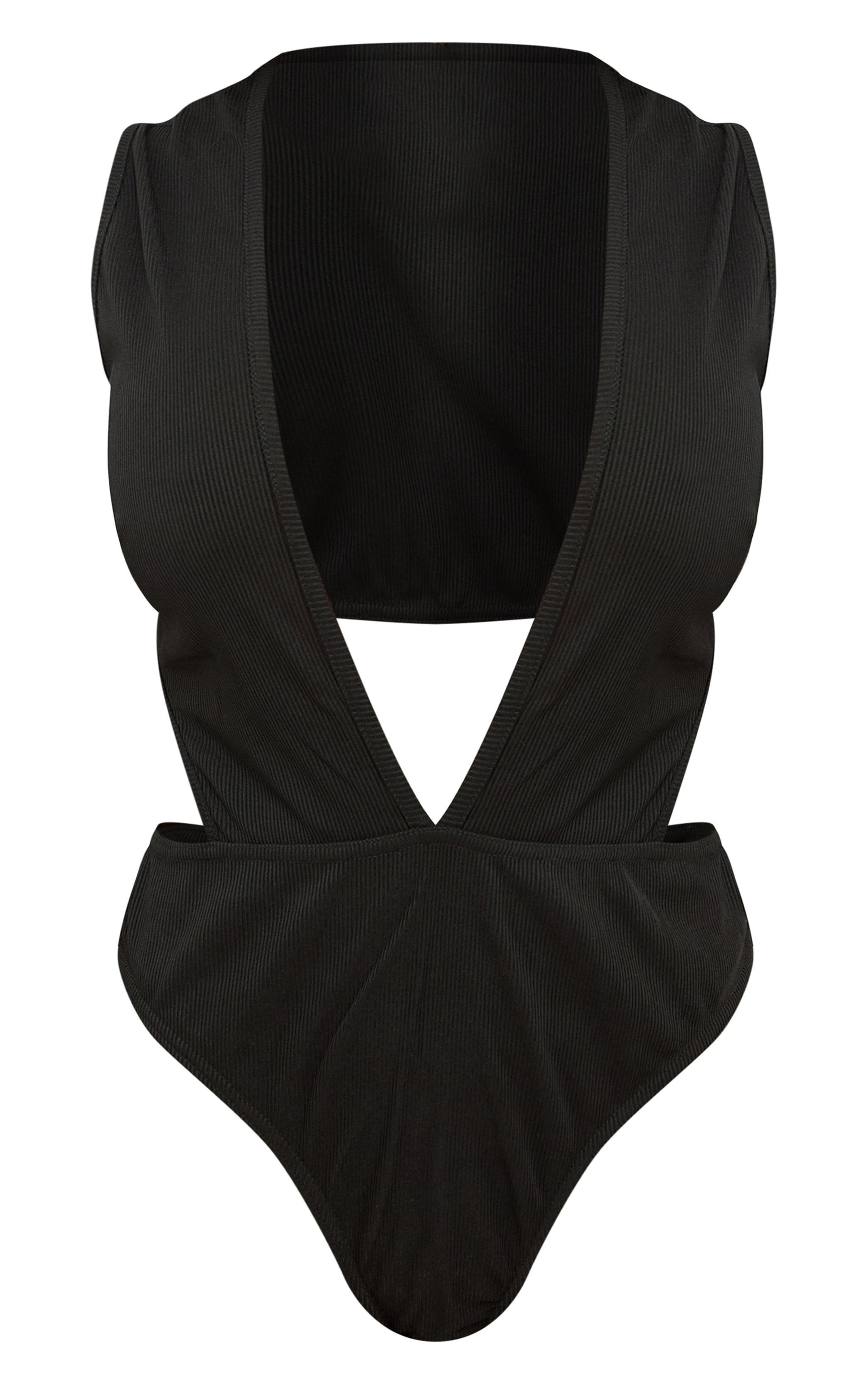 Shape Black Rib Plunge Front Open Back Bodysuit Product Image