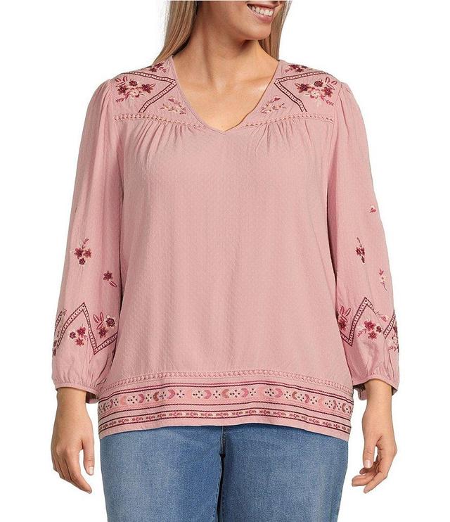 Nurture by Westbound Plus Size Woven V-Neck Long Sleeve Embroidered Top Product Image