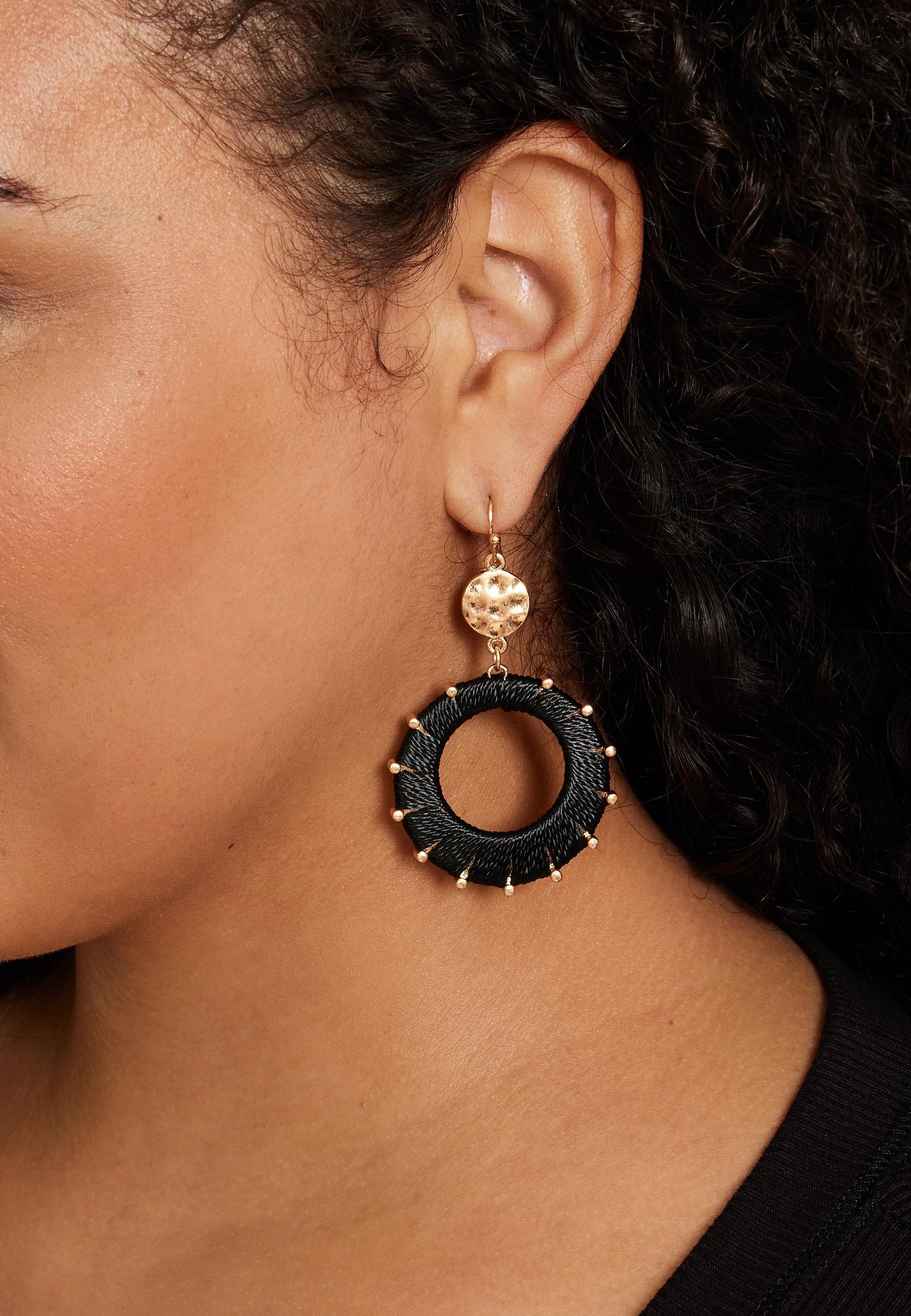 Black Fabric Wrapped Double Drop Earrings Product Image