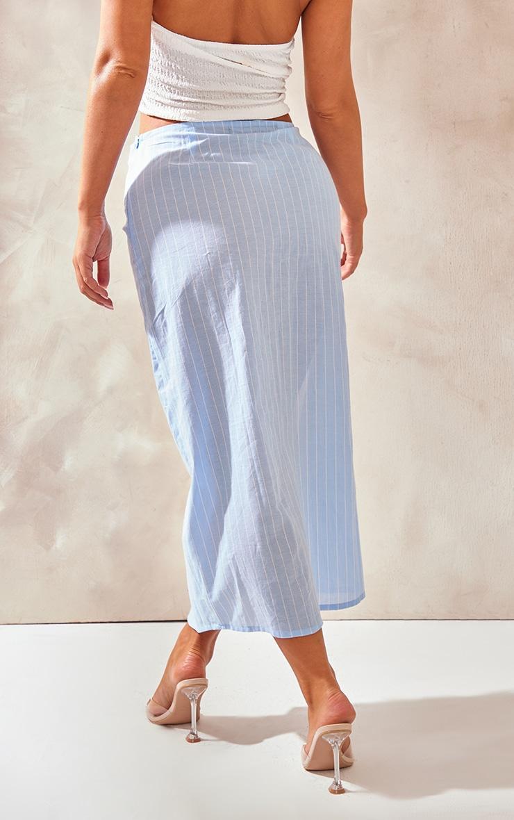 Blue Cotton Pinstripe Ruched Thigh Midi Skirt Product Image