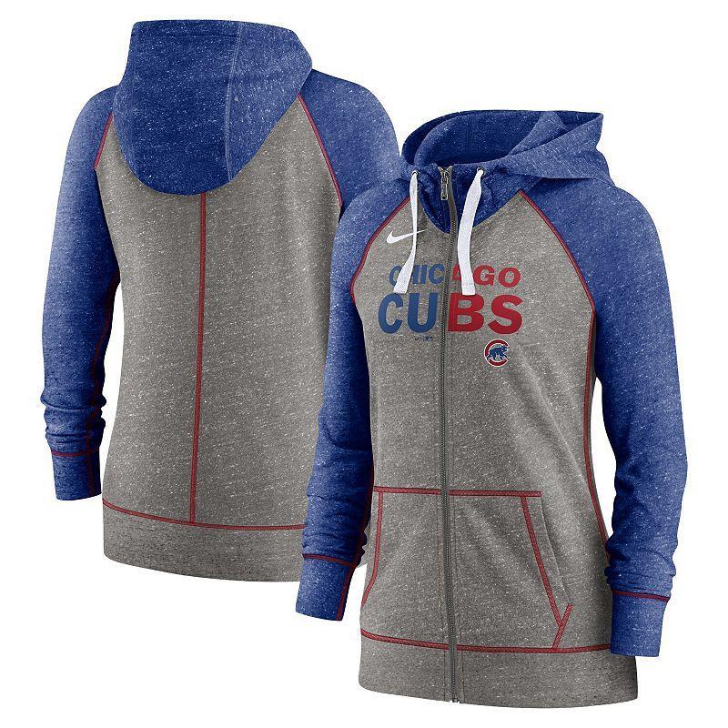 Womens Nike Heathered Charcoal and Chicago Cubs Split Wordmark Gym Vintage-Like Raglan Slub Full-Zip Hoodie - Heathered Charcoal, Hea Product Image