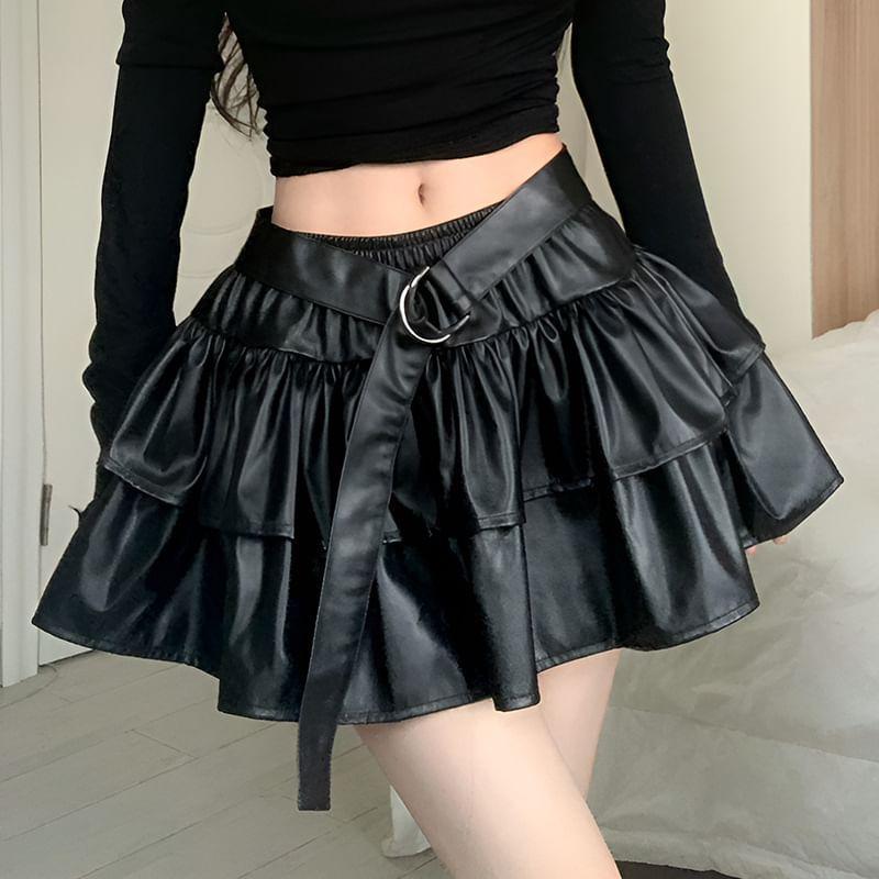 Low Rise Belt Accent Plain Faux Leather Mini A-Line Skirt Product Image