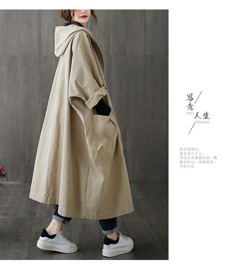 Plain Hooded Button-Up Long Trench Coat Product Image