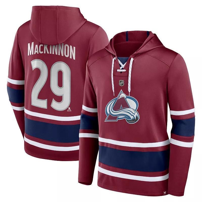 Mens Fanatics Branded Cale Makar Burgundy Colorado Avalanche Name & Number Lace-Up Pullover Hoodie Product Image