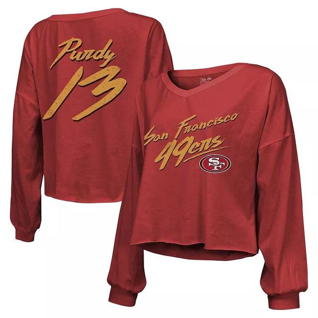 Womens Majestic Threads Brock Purdy Scarlet San Francisco 49ers Name & Number Script Off-Shoulder Cropped Long Sleeve T-Shirt Product Image