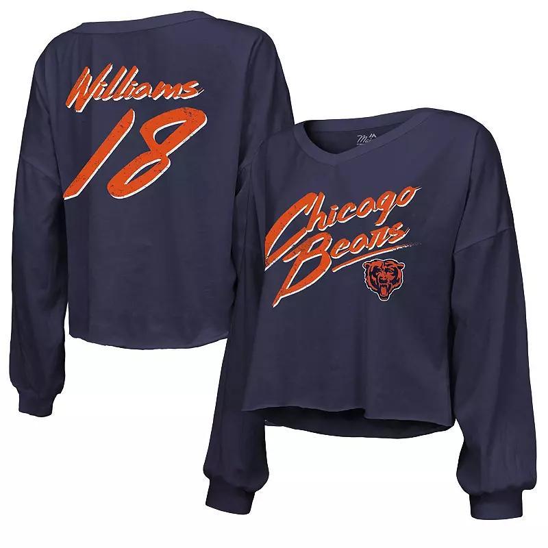 Womens Majestic Threads Caleb Williams Chicago Bears Name & Number Off-Shoulder Script Cropped Long Sleeve V-Neck T-Shirt Blue Product Image